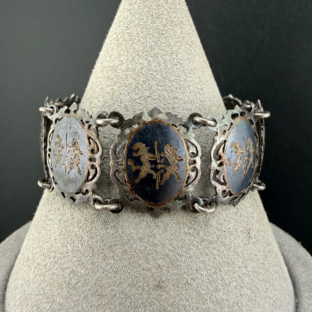 Vintage Siam Bracelet Sterling Silver Niello Panel Filigree Black 6.5in